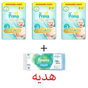 3 بسته پوشک 60 عددی پریما سایز دو لهستانی + یک دستمال مرطوب پمپرز (هدیه)